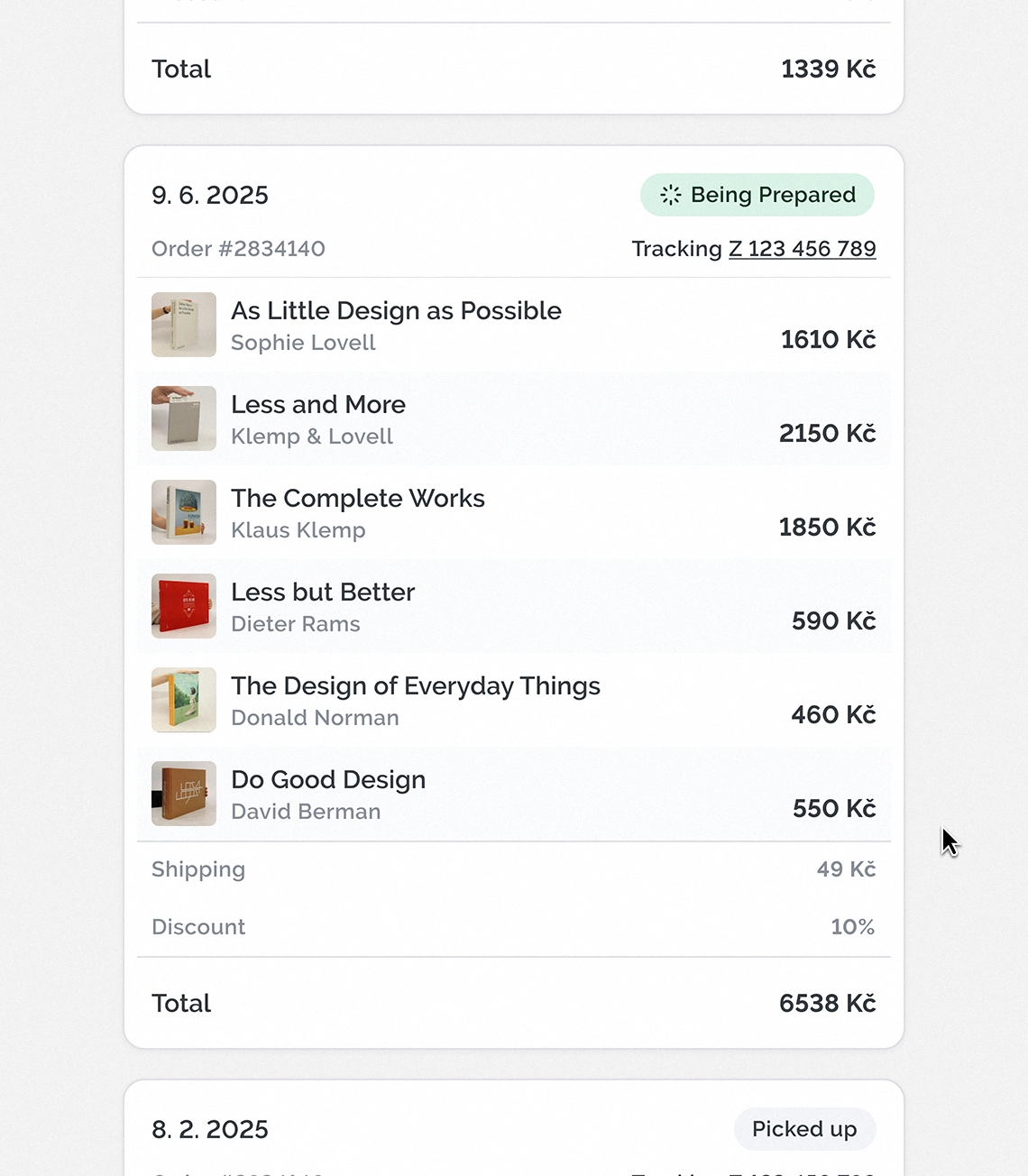 Screenshot of a book order summary on Knihobot, dated June 9, 2025, showing six design books with pricing, tracking number, and a status update “Being Prepared.”