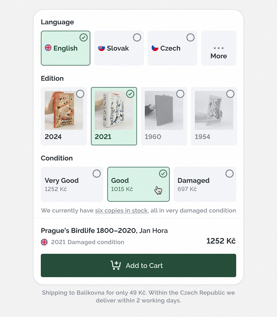 Knihobot product selection UI for the book “Prague’s Birdlife 1800–2020” by Jan Hora, showing language, edition, and condition options.