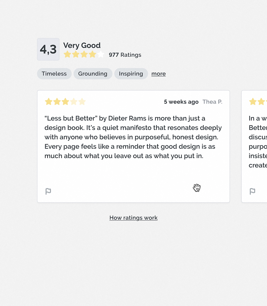 Customer review of “Less but Better” by Dieter Rams on Knihobot, highlighting a 4.3-star rating and keywords like “Timeless” and “Inspiring.”